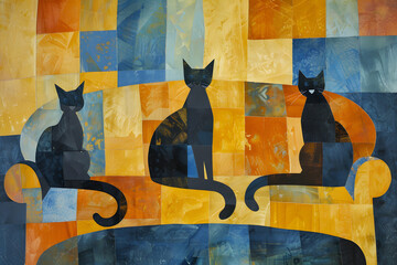 
Retro abstract style illustration of 3 black cats sitting on a sofa

