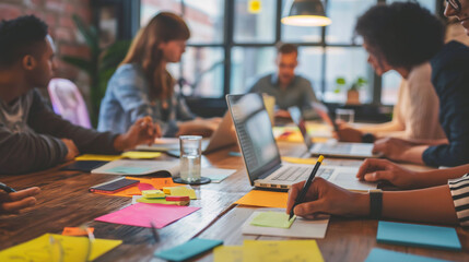 Team members around a table, brainstorming ideas with sticky notes and laptops. Dynamic and dramatic composition, with cope space