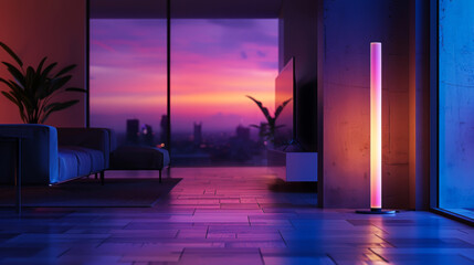 Modern interior details, LED floor lamps, wooden floor. Modern floor lamps with blue-violet neon light. Interior design concept.