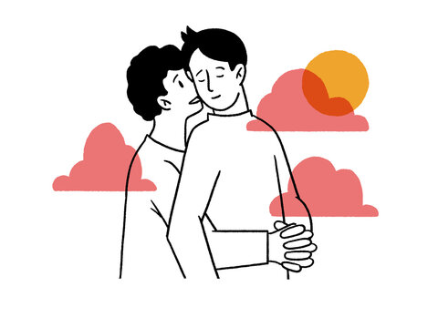Gay couple kissing and embracing outdoors