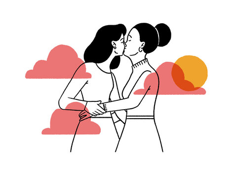 Lesbian couple embracing and kissing against cloudy sky