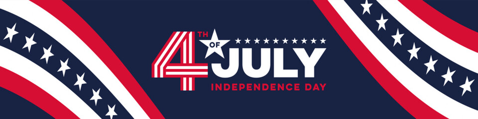 4th of July Banner Design Template with Logo and USA Flag Background. 4th of July Independence Day Web Banner. 4th of July Logo on Stars and Stripes Background. Vector Design for USA Independence Day