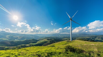 Wind turbines in a vibrant green field - Generative AI