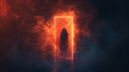 Female standing in a glowing bright door with smoke dark background