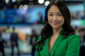 Fototapeta premium Portrait of a journalist in a green suit with a TV studio in the background. 