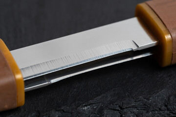 Blade samurai knife in closeup. Knife for camping and hiking.