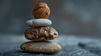 Stacked stones and walnut for meditation and wellness designs