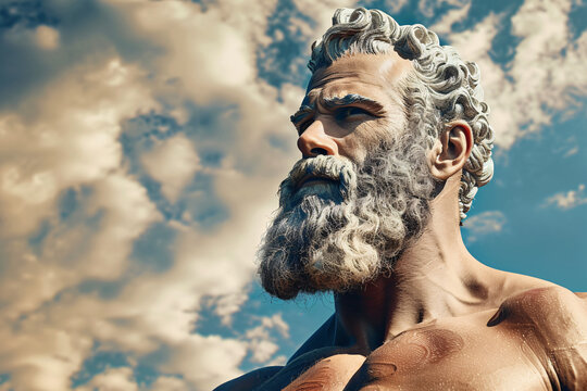 majestic statue of a bearded god figure with curly hair, standing against a background of a cloudy sky