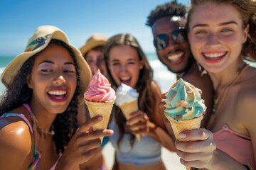 Happy group of teenage friends having an ice cream at the beach