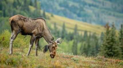 Female moose grazing on a hillside