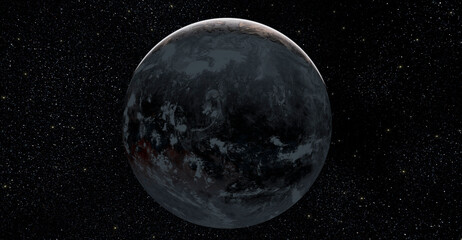 3D render of a shadowed planet against a starry background.