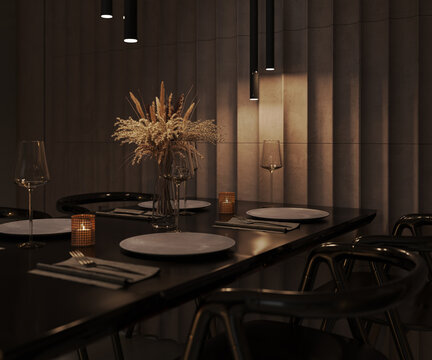 Restaurant interior in low light, table close-up, 3d render