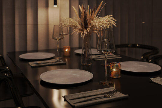 Close up of fancy restaurant table in low light, 3d render
