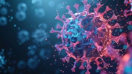 Glowing hologram of virus molecular structure with dark background.