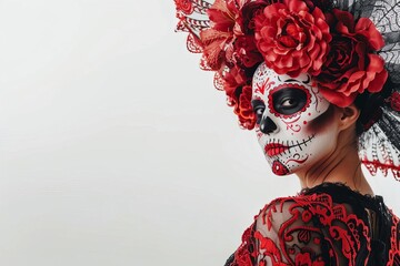 striking woman with intricate sugar skull makeup isolated on white dia de los muertos