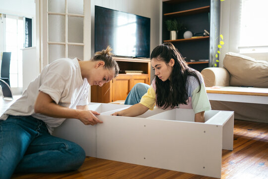 LGBTQ couple assembling a bookshelf at home