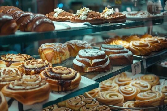 Tempting selection of fresh pastries showcased in a bakery case