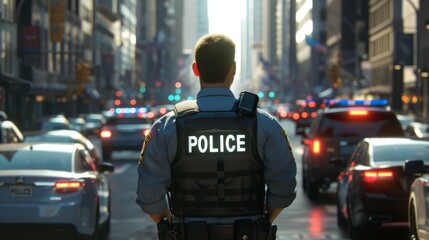 Portrait of a male police officer on duty in a busy night street in city