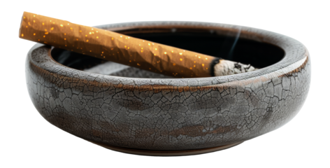 Black ceramic ashtray filled with cigarette butts, cut out - stock png.