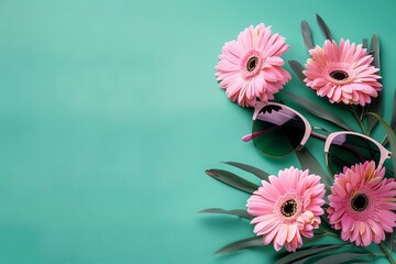 stylish pink flower and sunglasses artfully arranged on fresh green background flat lay photography