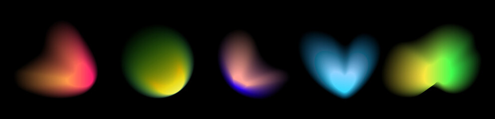 Set of abstract radial gradient blur.Vibrant set of aura glow rounds with a soft  dot white element.Holographic round shapes.Modern graphic element vector collection.