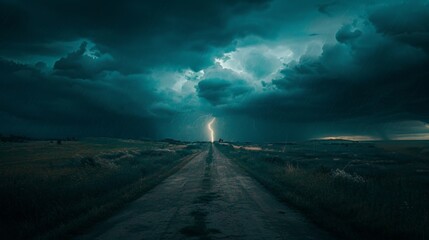 Stormy road in a dark field