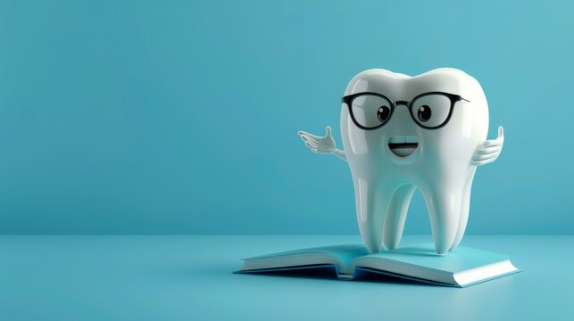 Cute cartoon character of tooth with eyeglasses and book.