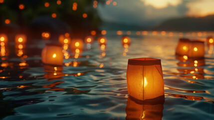magical night scene with glowing lanterns on water
