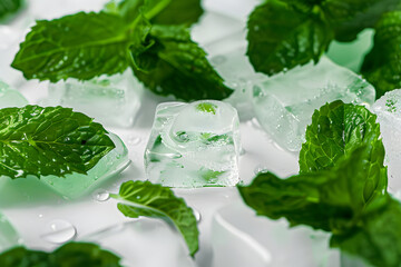 fresh mint in ice cubes. Refreshing drink ingredients. Summer background