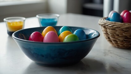 Getting ready for Easter with liquid food coloring. Different colors in different bowls, egds on white table.