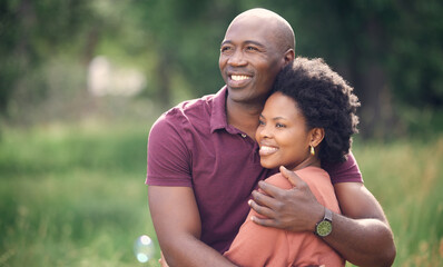 Black couple, happy and hug outdoor in park with love for relationship, romance and commitment....