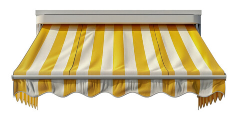 Yellow and white striped awning over window, cut out - stock png.