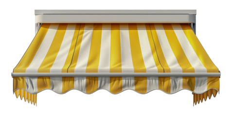 Yellow and white striped awning over window, cut out - stock png.