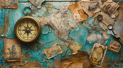 An artistic travel-themed background with a vintage compass, old maps, and postcards layered in a collage style