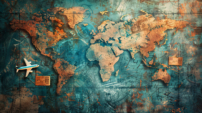 An abstract travel background featuring a world map with airplane routes and travel stamps, creating a sense of adventure and exploration