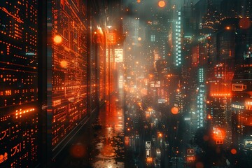 Cyberpunk city with neon lights and high technology.