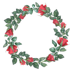 Roses. Wreath with rose branches in modern style. Dark red flower. Romantic deep ruby flowers. Watercolor illustration. Round frame with empty space for text. For wedding invitation