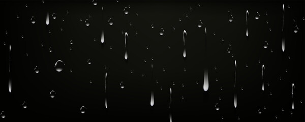 Rain transparent drops flow down the glass.Realistic wet condensation texture.Fresh water splash effect on the surface.Liquid spreading droplet shapes.