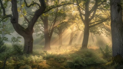 Sunbeams through the trees in a misty forest