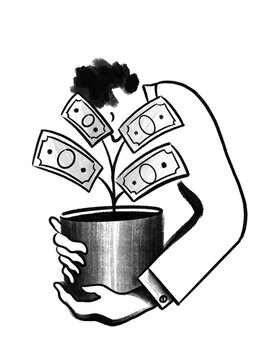 Man holds money plant - investment, money love, and finance success.