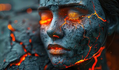Artwork depicting a woman with orange skin, in the style of burned/burnt, stone sculptures, hyper-realistic science fiction, glowing portraits, sculpture, apocalypse