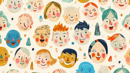 Joyful faces arranged in an enchanting layout pattern, evoking curiosity