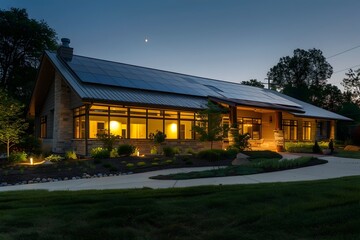 Obraz premium Modern Solar Powered Eco Friendly Home Illuminated in Serene Countryside Landscape