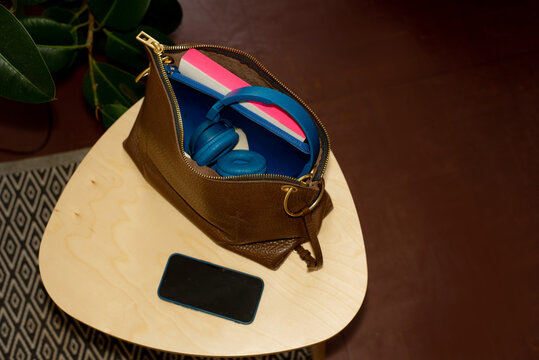 A Leather open bag with accessories