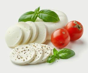 Fresh Mozzarella, Tomatoes, and Basil Pile on White Background