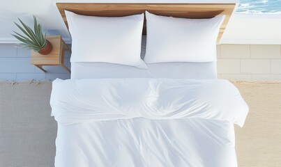 Double bed with white bedding top view