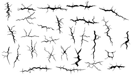 Crack, fissure, crevice vector illustration set black and white. Abstract design damaged texture and fractured dirty template. Hole cracked outline and scratch art effect wall