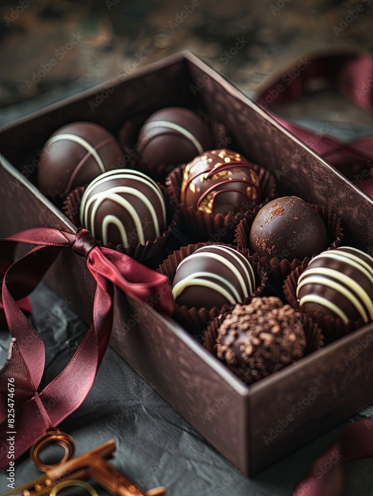 Poster elegant box of assorted chocolate truffles wrapped with a ribbon, featuring rich dark colors and hig