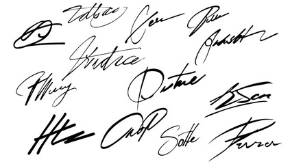 Collection of vector signatures fictitious Autograph illustration. Contract document handwriting scribble pen and agreement sign doodle. Elegance signing text sketch fake and perfection