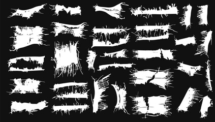 Frayed cloth torn and ripped black and white vector illustration set. Grunge textured design and cut out damaged template. Messy plaster and uneven ornate